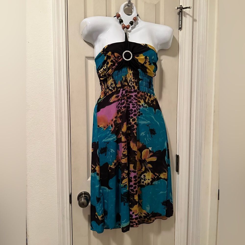 Beaded halter beach dress - size small med - smocked back and under bra area